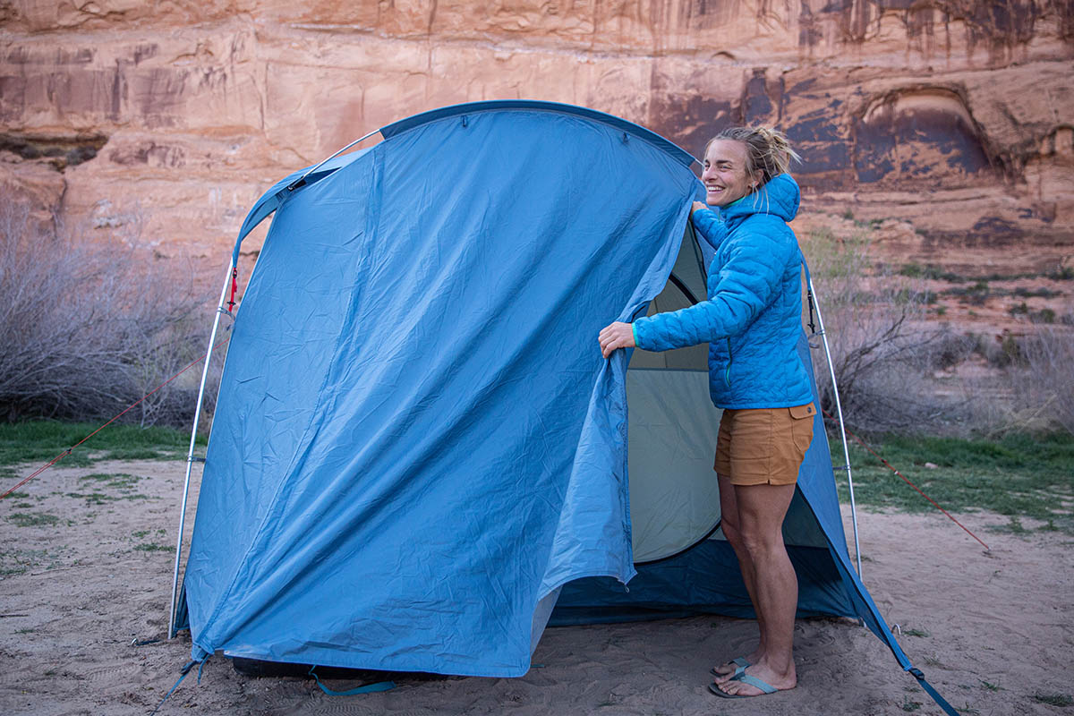 Camping tent (setting up REI Skyward)