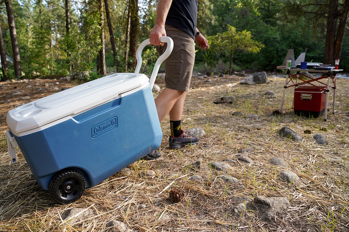 Wheeled cooler (towing the Coleman 50-Quart Xtreme)