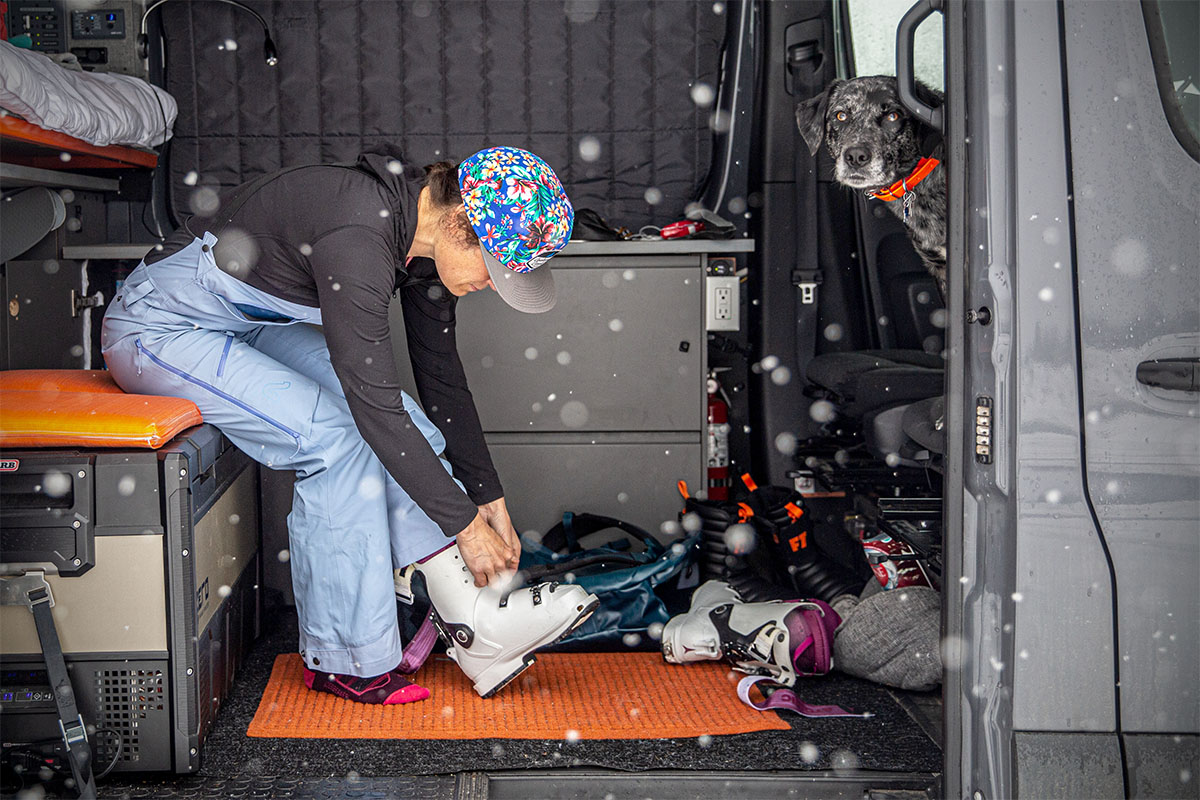 Backcountry ski boots (putting on Atomic Hawx Ultra XTD in van)