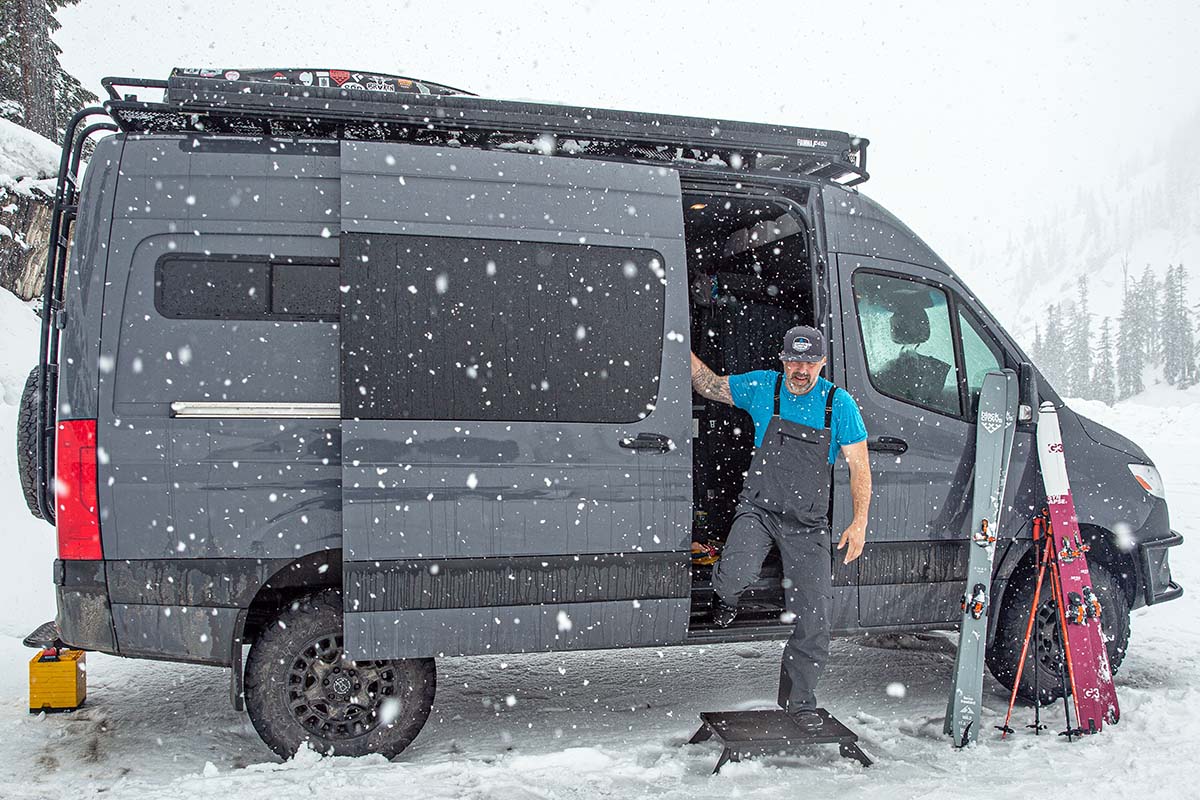 Arc'teryx Micon ski bib (coming out of van in snow)