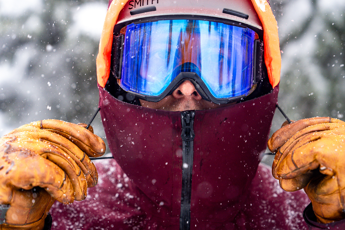 Smith Goggles (pulling hood tight over goggles in snowy weather)