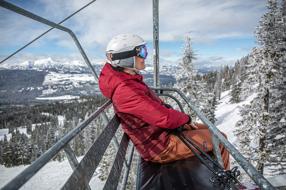 Riding a chairlift wearing the Patagonia Powder Town Insulated pants
