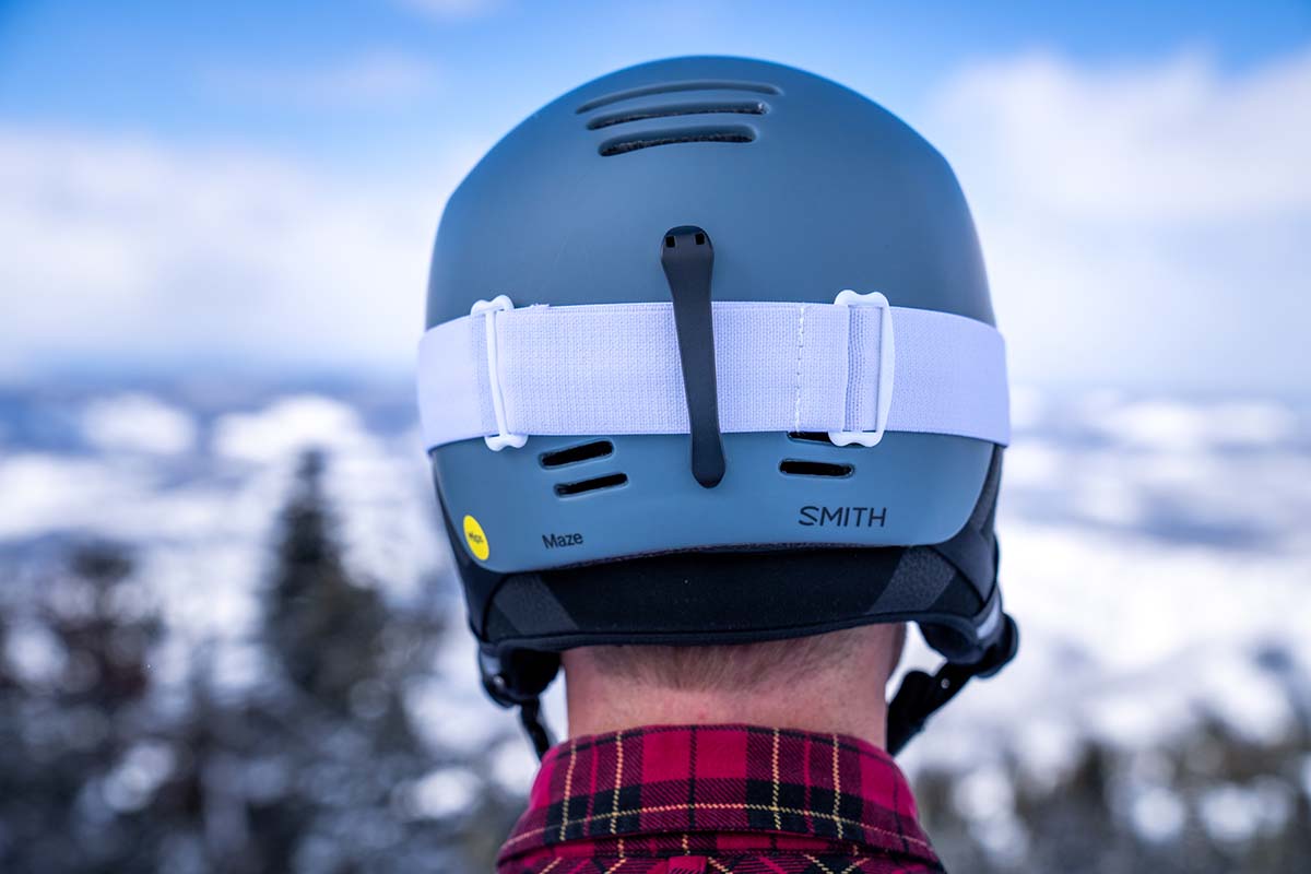Goggle retainer on Smith Maze snowboard helmet