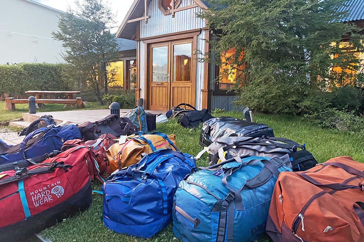 Duffel bags in front of Hosteria Senderos (El Chalten Patagonia)
