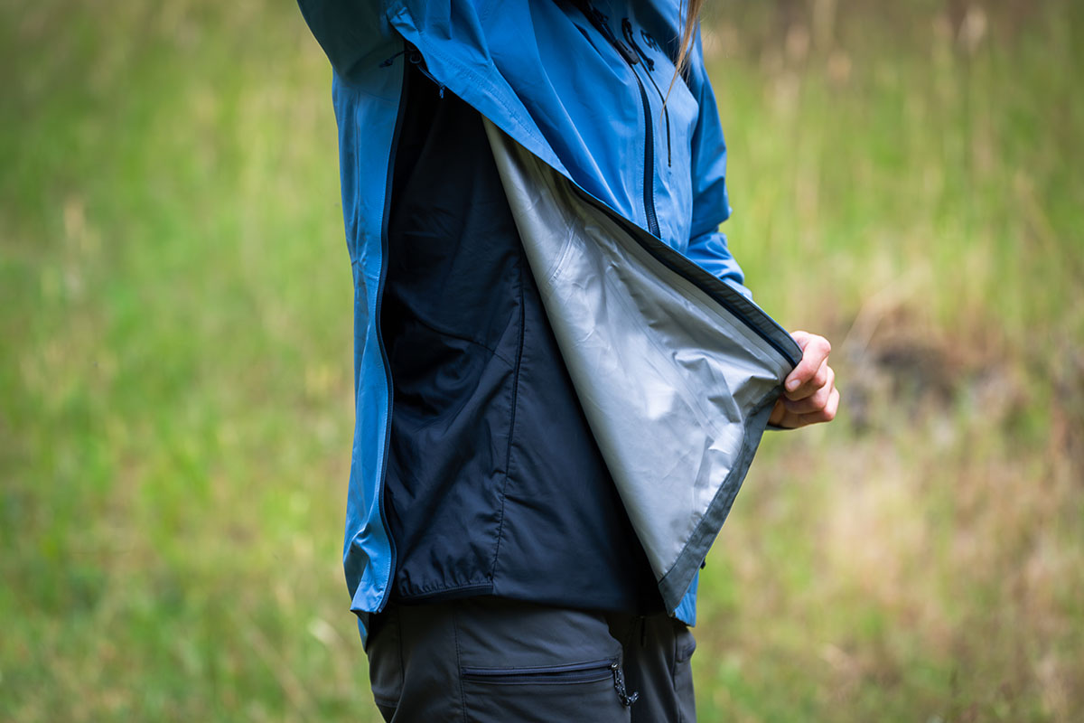 Women's rain jacket (opening TorsoFlo vents on Outdoor Research Aspire II)