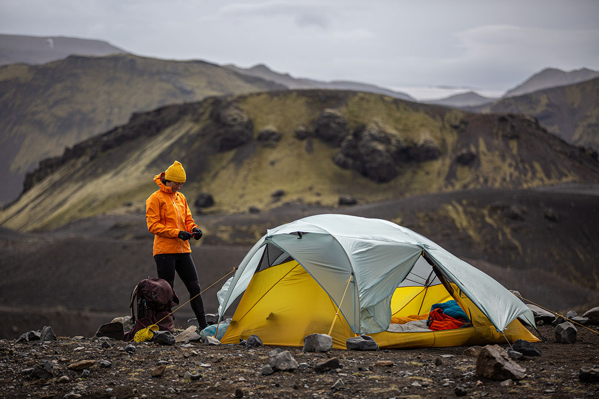 Helly Hansen Vergas Infinity Shell Jacket (standing next to tent)