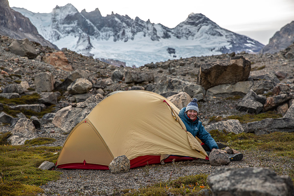 MSR Hubba Hubba backpacking tent (smiling in tent)