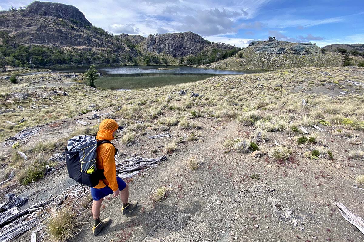 Patagonia Houdini windbreaker jacket (hiking beside lake)