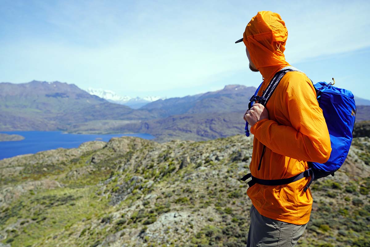 Patagonia Houdini windbreaker jacket (looking at vista above lake)
