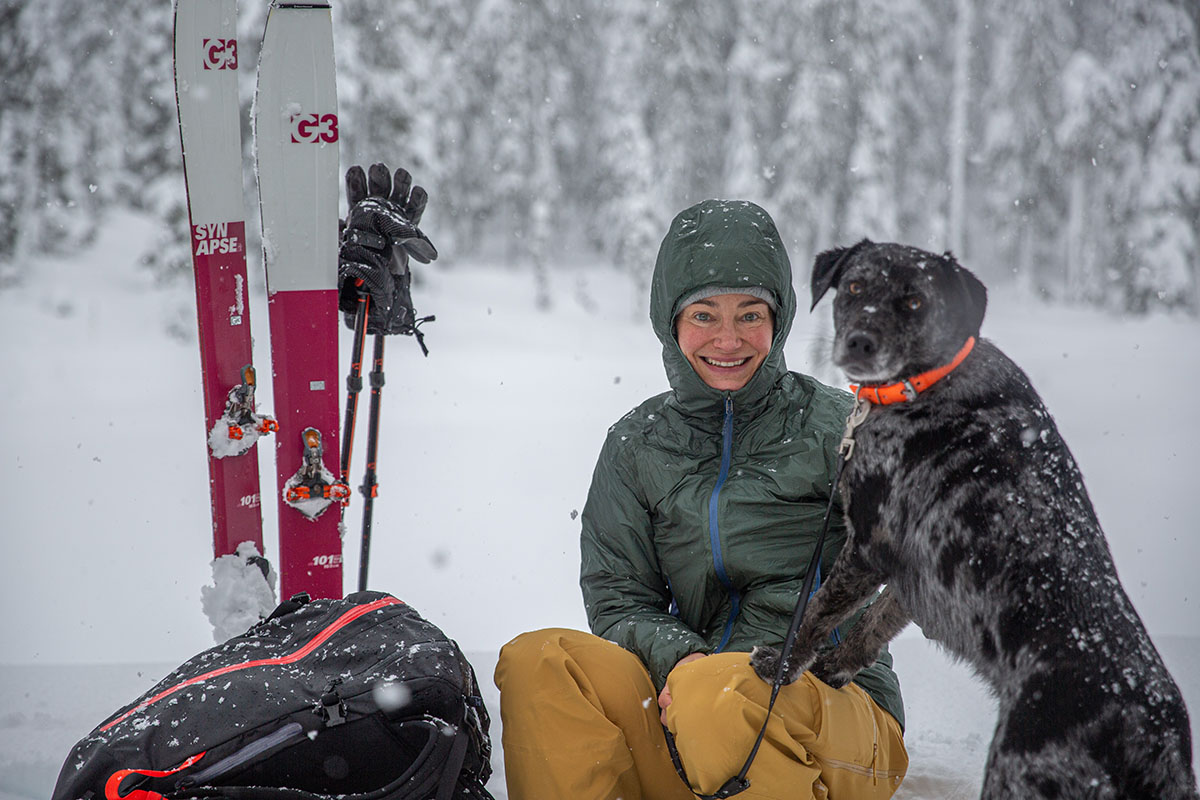 Patagonia Micro Puff Storm Jacket (smiling with dog in backcountry)