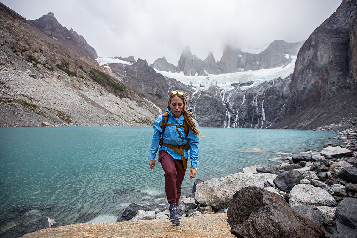 Patagonia Torrentshell 3L rain jacket (hiking near lake in mountains)