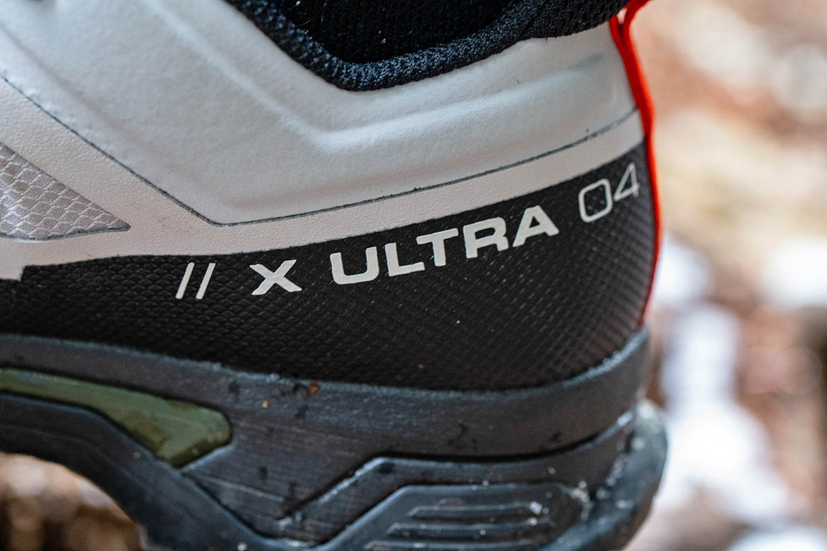 Salomon X Ultra 4 GTX hiking shoe (closeup of text on shoe)