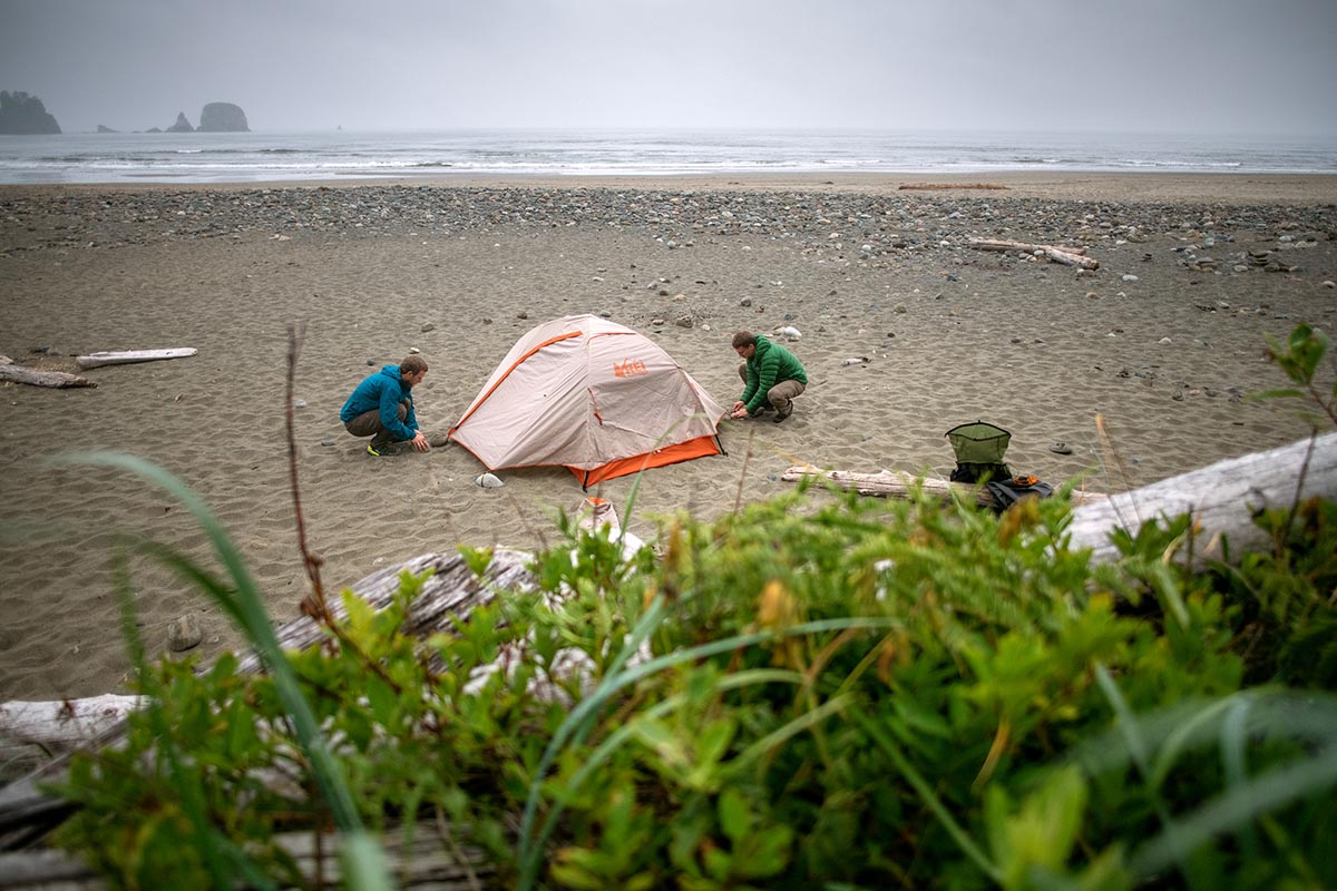 REI Co-op Passage backpacking tent (setting up on Olympic Coast)
