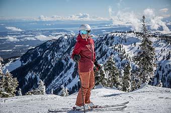 Patagonia Insulated Powder Town Pants (overlooking mountains at resort)