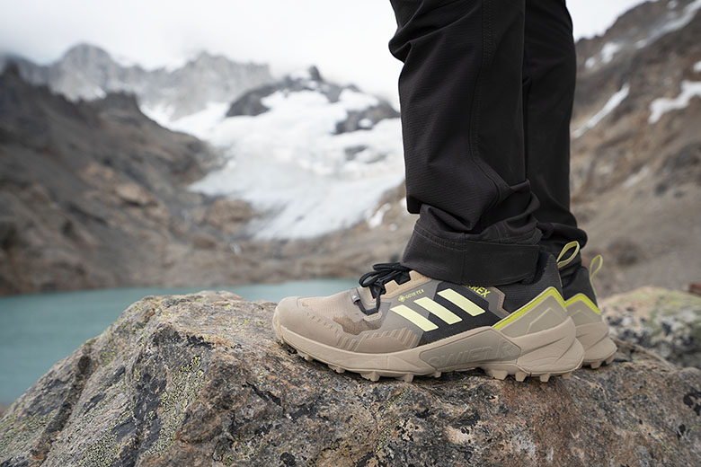 Adidas Terrex Swift R3 GTX hiking shoe (closeup from side on rock)
