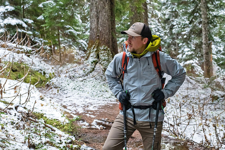 Arc'teryx Beta LT hardshell jacket (hiking in snowy forest)