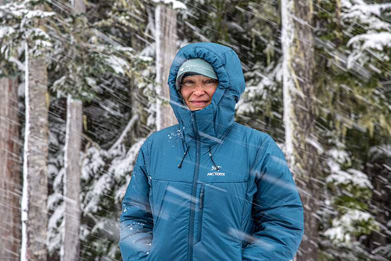 Arc'teryx Nuclei SV Parka (standing in snow with hood on)