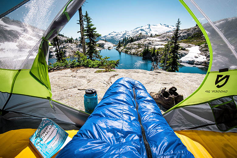 Backpacking sleeping bag (view out of tent)