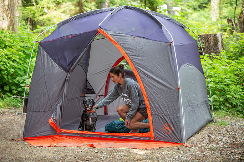 Big Agnes Big House 6 camping tent (sitting in tent with dog)