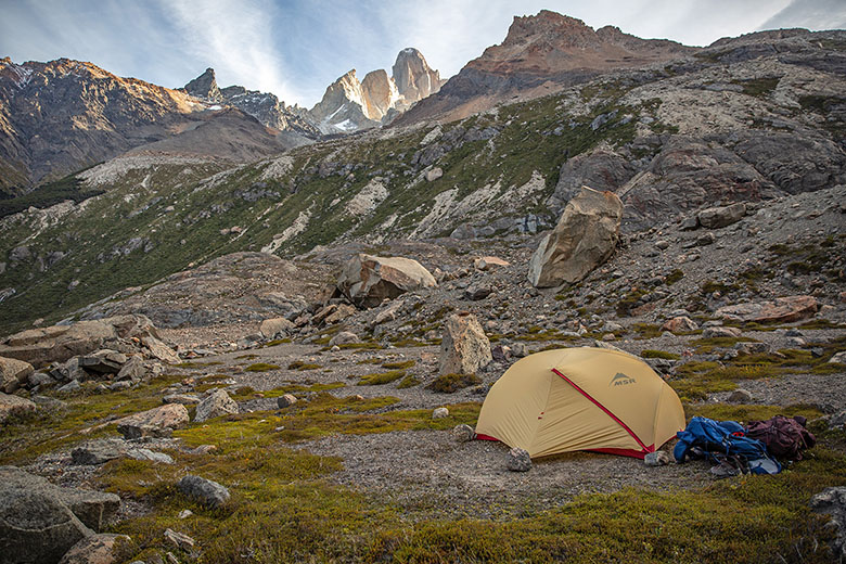 MSR Hubba Hubba backpacking tent (pitched in Patagonia mountains)