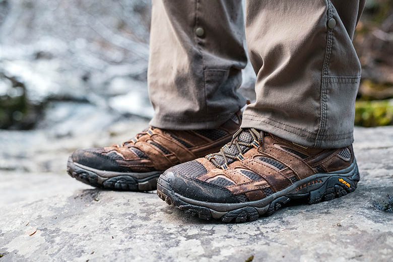 Merrell Moab 2 Mid hiking boot (standing on rock)
