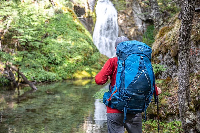 Osprey Atmos AG LT 65 backpack (waterfall view)