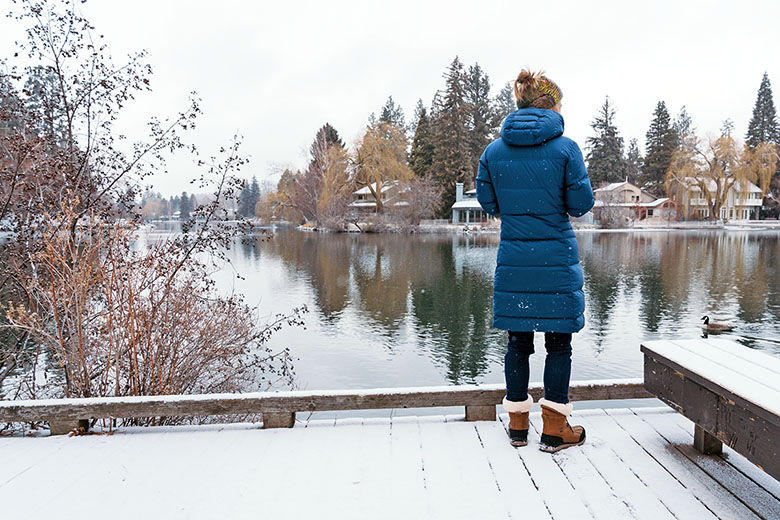 Patagonia Down With It Parka (standing on snowy boardwalk)