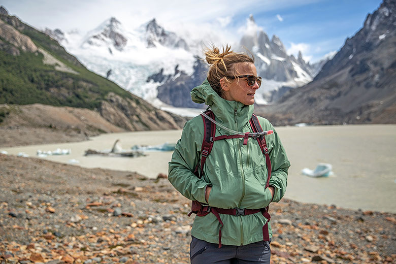 Patagonia Granite Crest rain jacket (standing at lake)