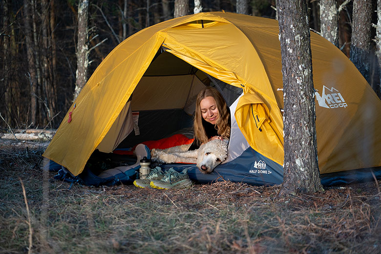REI Co-op Half Dome 2 Plus tent (smiling with dog)