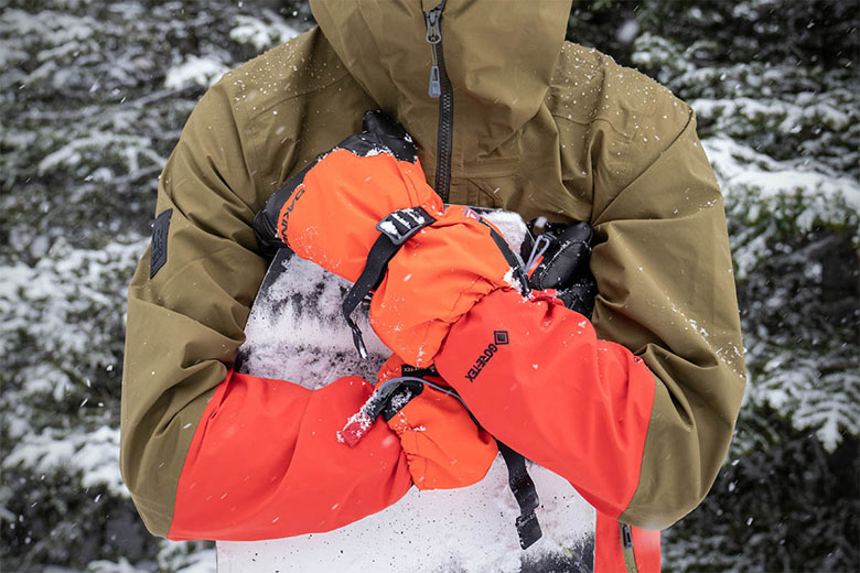 Snowboard Mittens (holding snowboard)