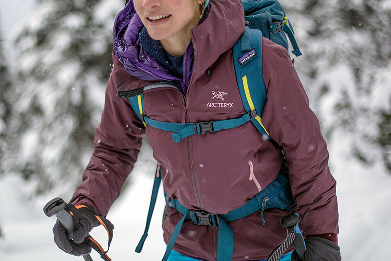 Wearing Arc'teryx Beta FL hardshell jacket while backcounty skiing