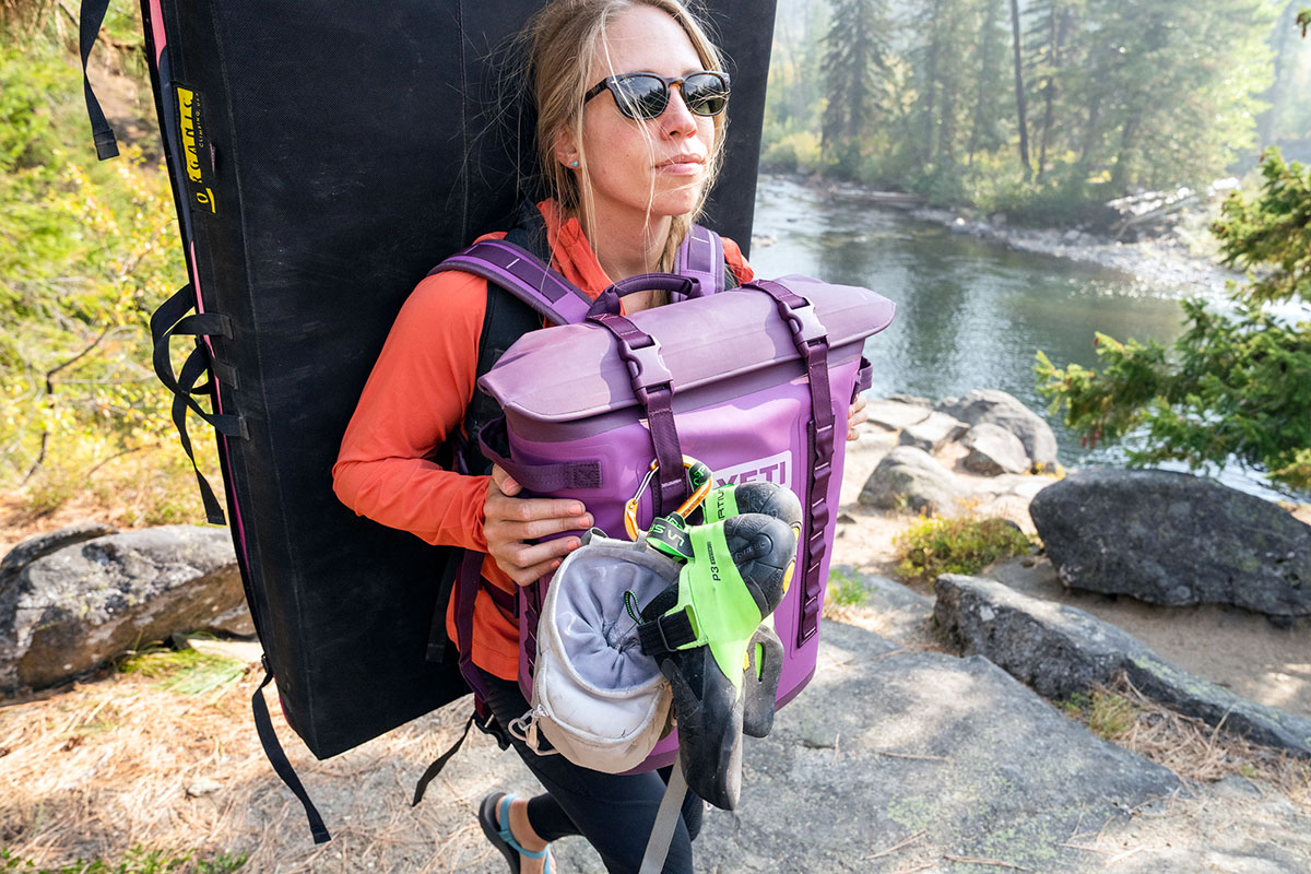 Backpack cooler (Yeti Hopper M20 with shoes attached)