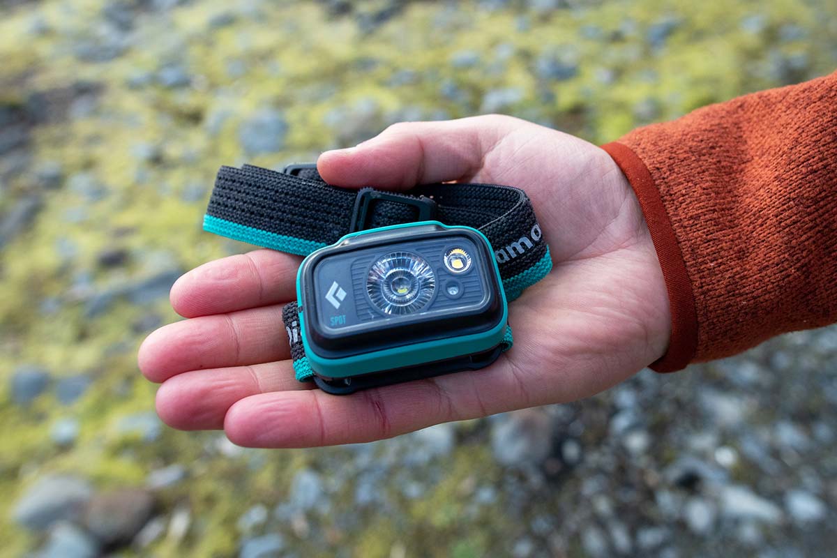 Black Diamond Spot 350 headlamp (in hand)