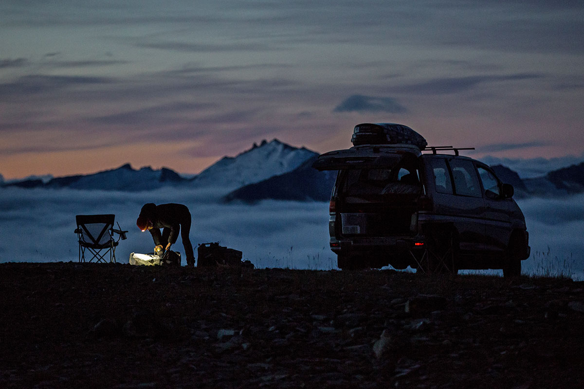 Headlamp (illuminating dark campsite)