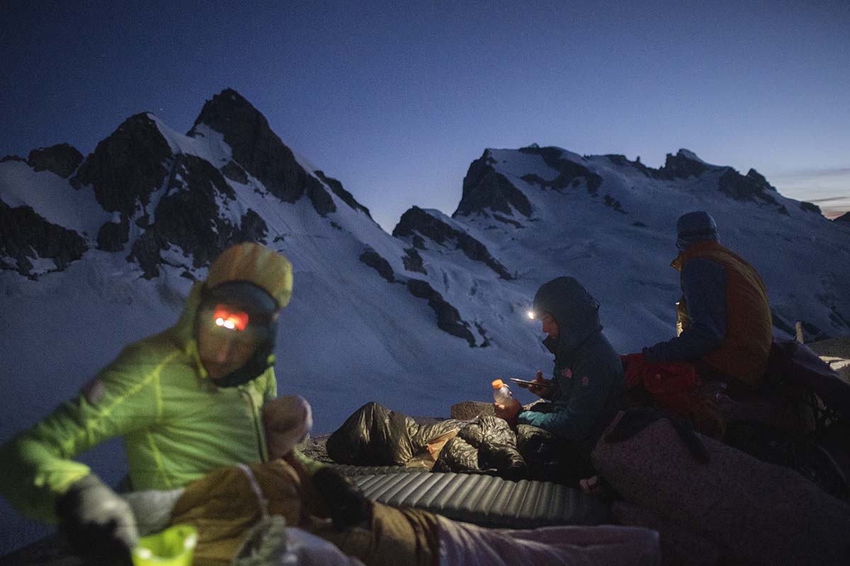 Headlamps at the base of Dome Peak (open bivy)