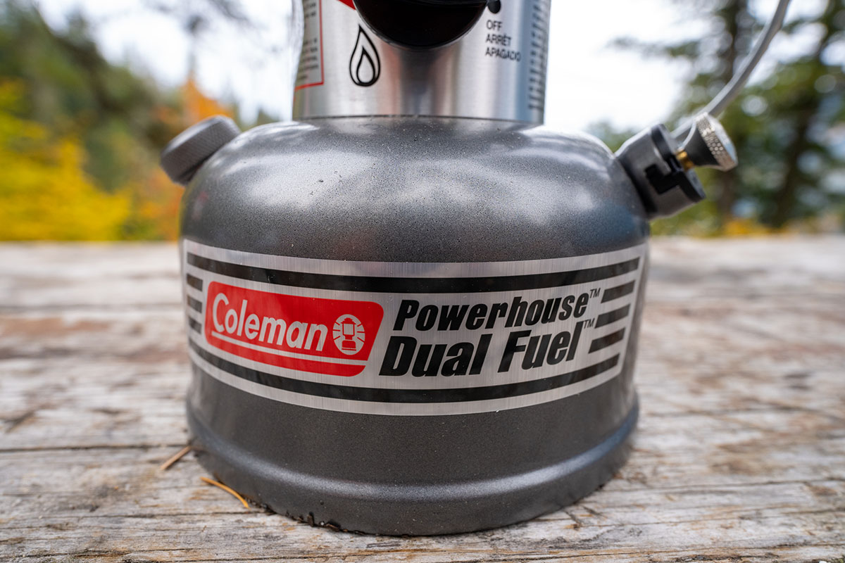 Camping lantern (Coleman Powerhouse Dual Fuel closeup)