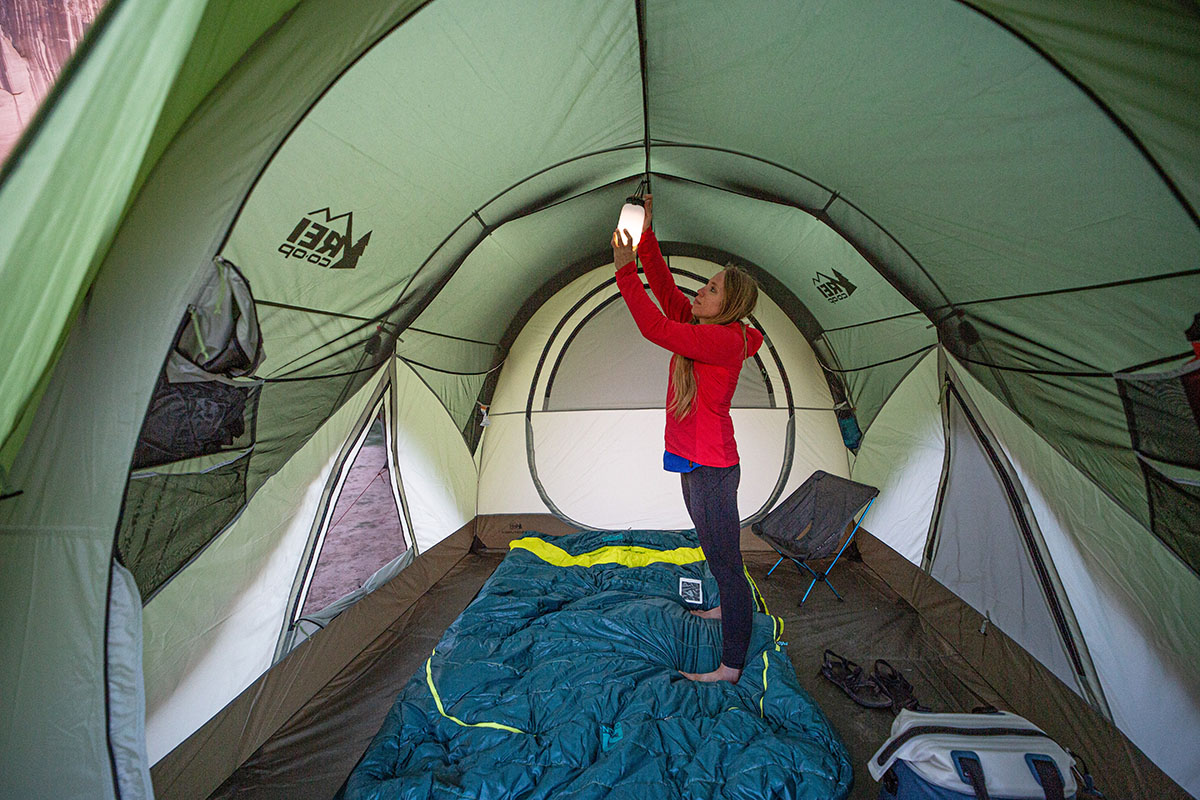 Camping lantern (hanging Lander Boulder Lantern inside REI tent)