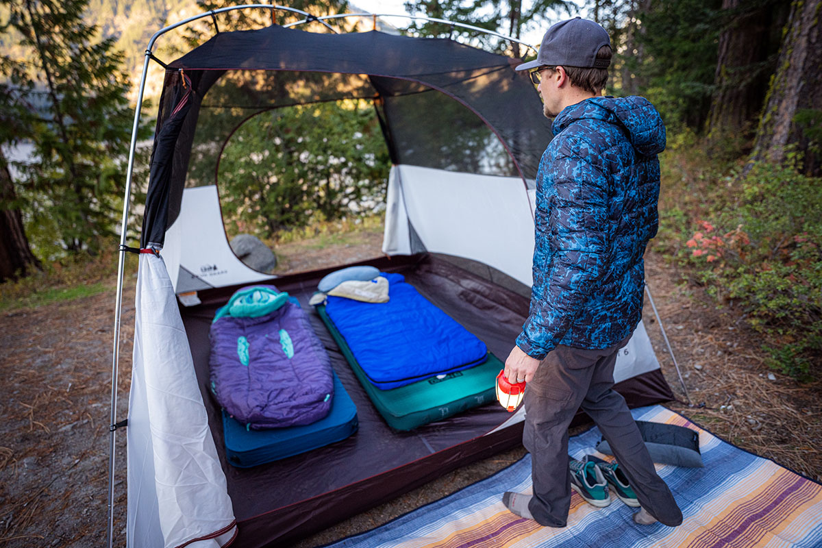 Camping mats (Nemo Roamer and Therm-a-Rest MondoKing inside REI Grand Hut tent)