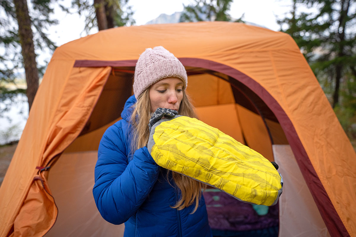 Caming pillow (inflating Therm-a-Rest Air Head at camp)