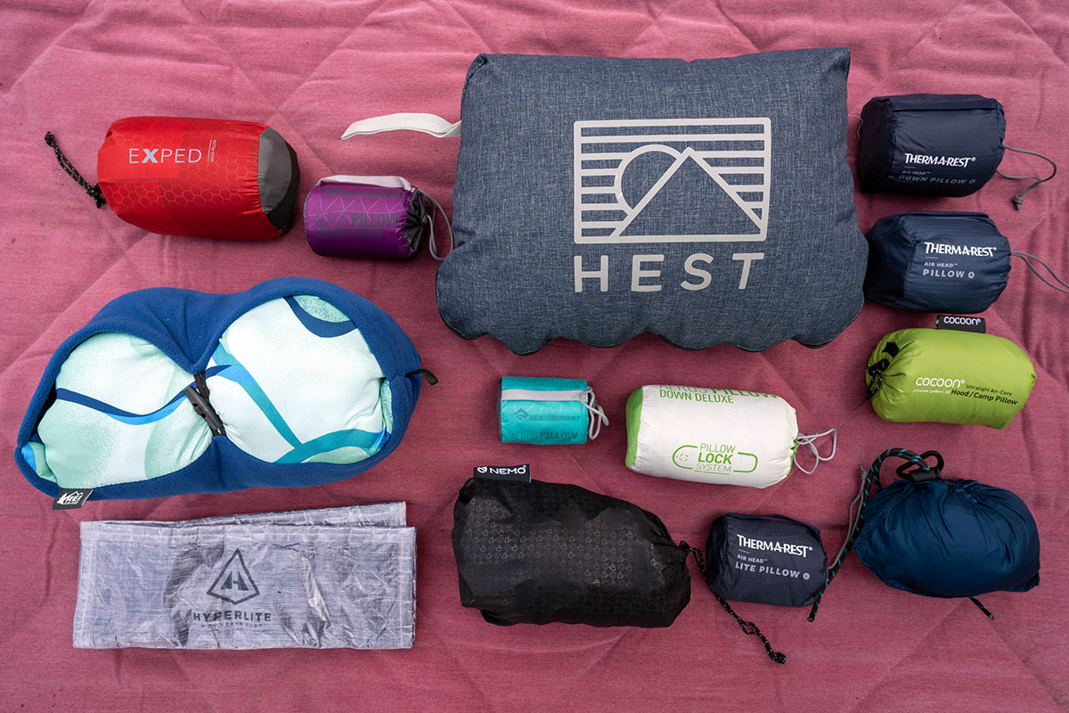 Camping and backpacking pillows (laid out on blanket)