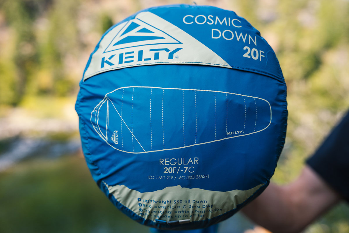 Camping sleeping bag (Kelty Cosmic Down 20 packed up)