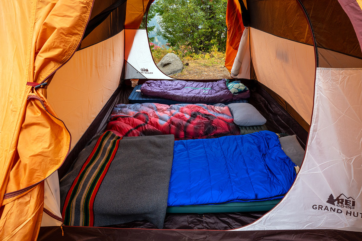 Camping sleeping bags (inside REI Grand Hut 6 tent)