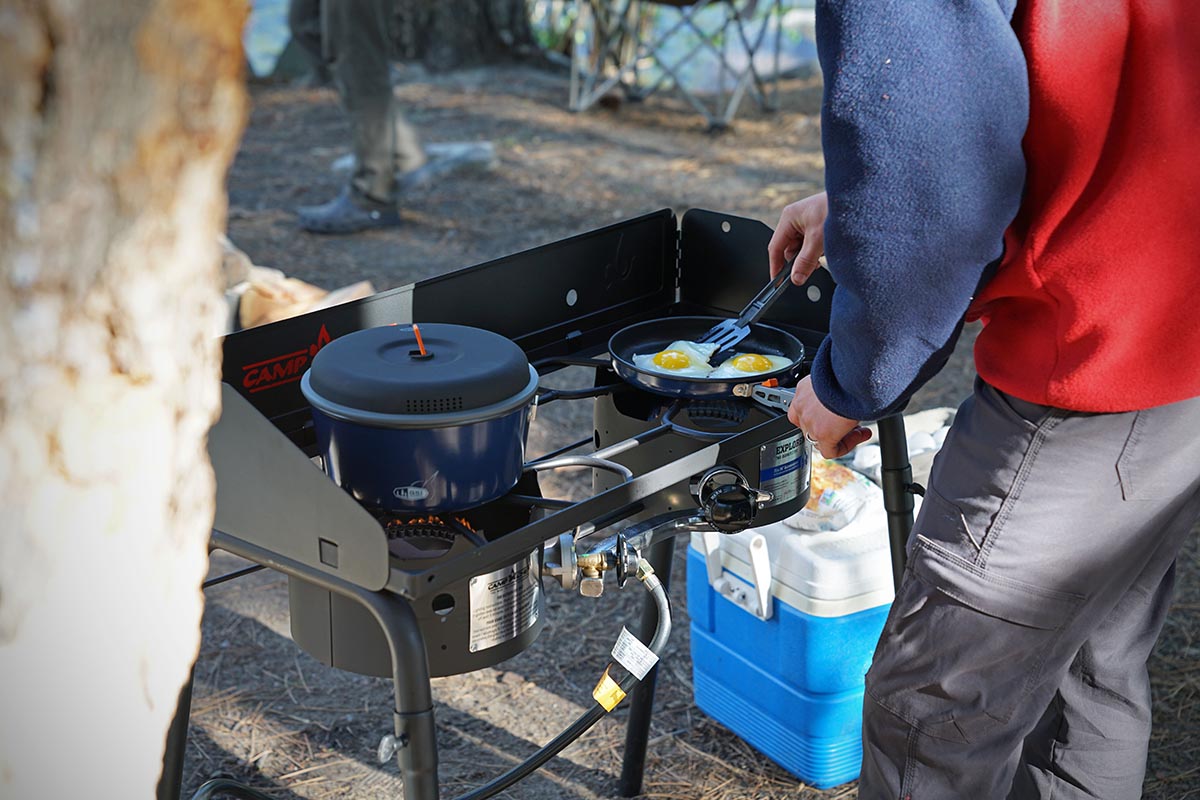 Camping stove (Camp Chef Everest cooking eggs)