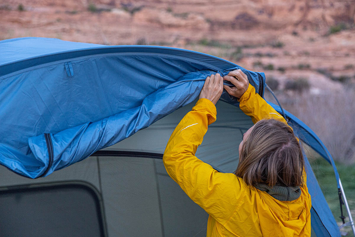 Camping tent (rolling back rainfly on REI Co-op Skyward 4)