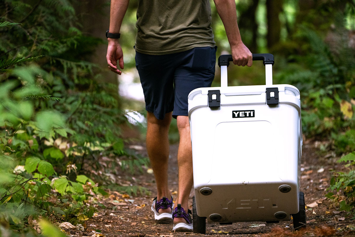 Wheeled cooler (towing Yeti Roadie 48 on trail)