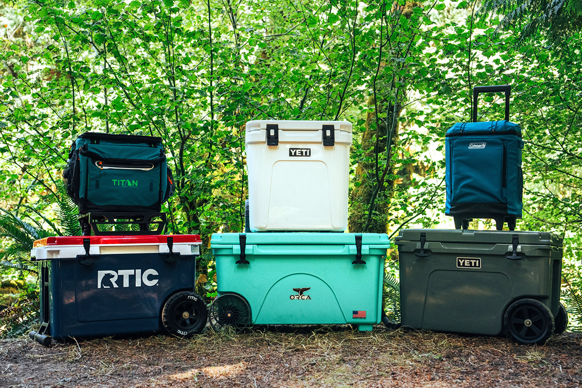 Wheeled coolers (grouped together at campsite)