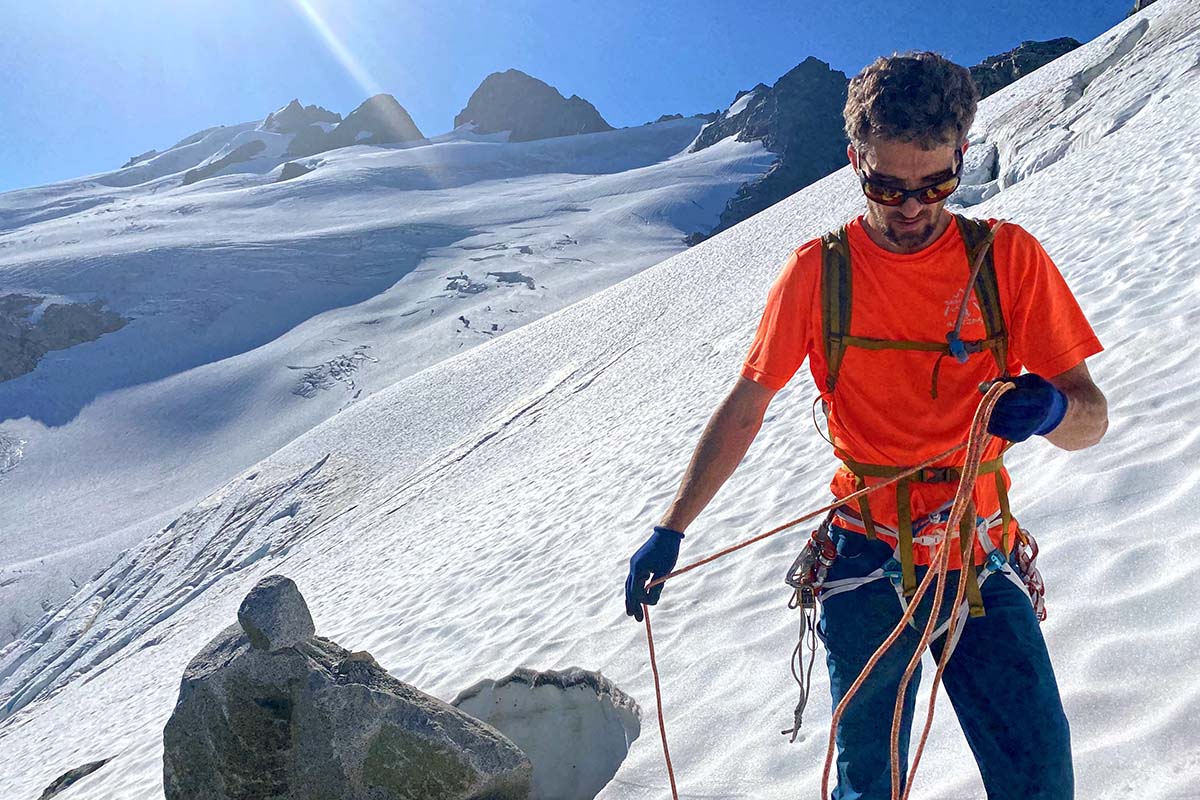 Coiling the rope at the foot of the Challenger Glacier (wearing Black Ice Choucas Light harness)