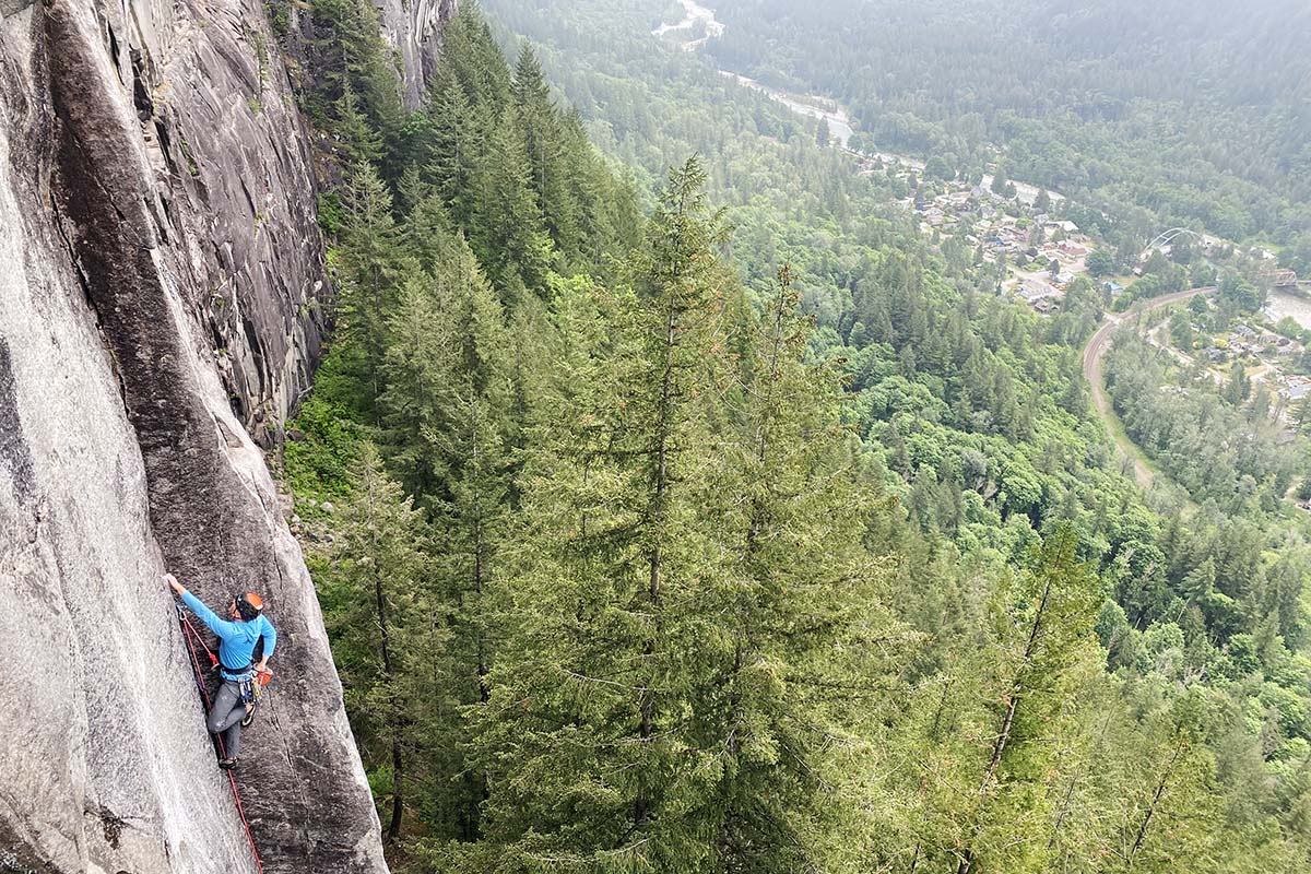 Climbing on the Upper Town Wall at Index (climbing helmet and harness)