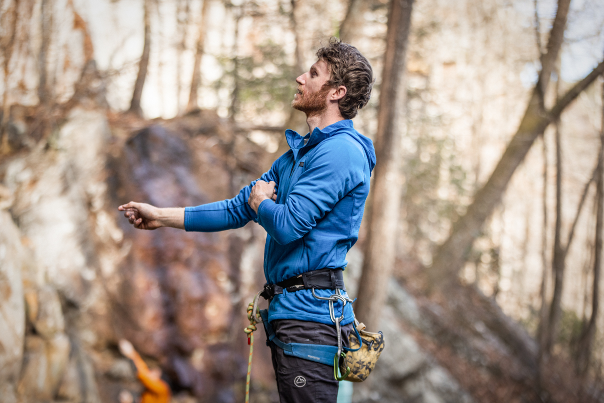 Standing at the base of a sport climb
