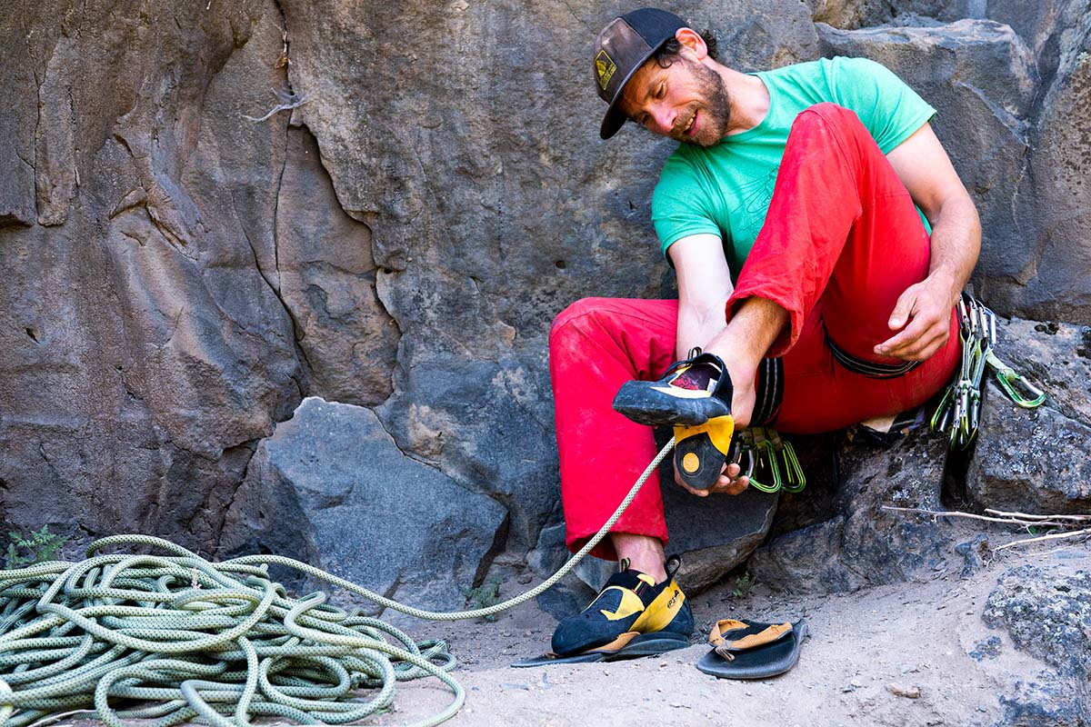 Rock climbing shoes (taking off the La Sportiva Skwama)